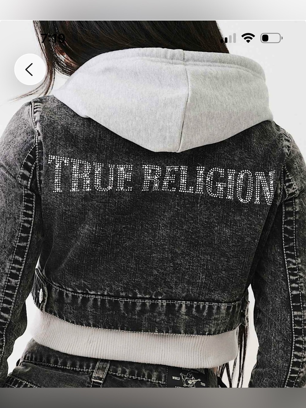 NWOT True Religion Black Washed Denim Jacket with Light Gray Hood